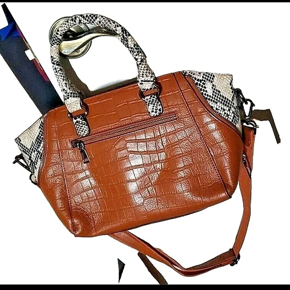Genuine Leather Reptile Embossed Handbag Snake Accents - Picture 4 of 10